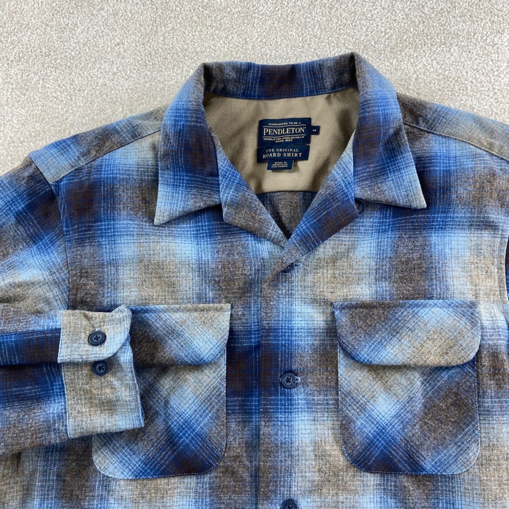 Pendleton Board Shirt Mens Medium Blue Brown Plaid Wool Flannel Camp Collar